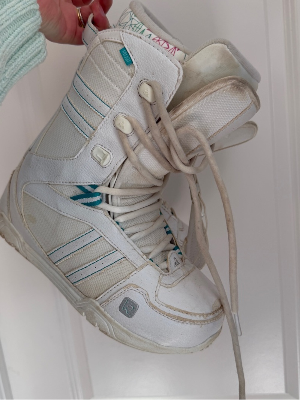 White Teal Lace-Up Snowboard Boots